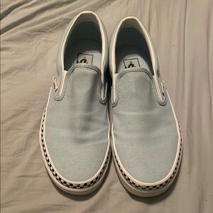 Blue with Black and White Checkered Slip-On Vans, Men’s 8, Women’s 9.5